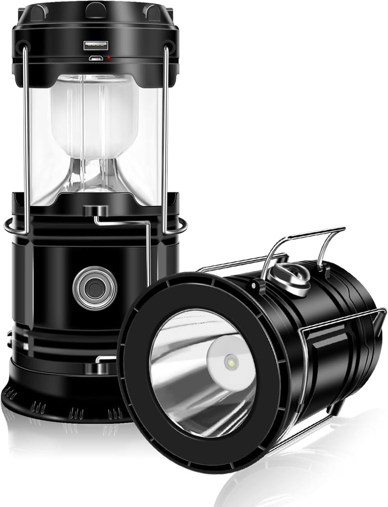 DIBMS 2-Pack Solar Camping Lantern, Collapsible LED Solar USB Rechargeable Lantern Flashlight Emergency Hanging Lights for Camping Hurricanes Power Outages Indoor Outdoor - Image 1